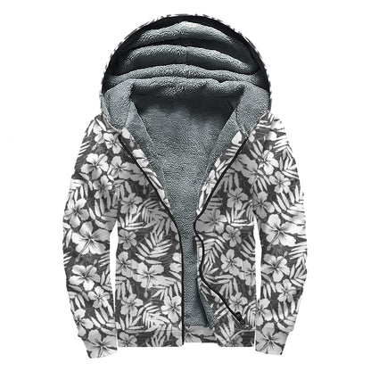 White And Grey Hawaiian Pattern Print Sherpa Lined Zip Up Hoodie