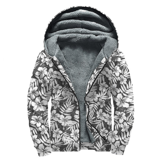 White And Grey Hawaiian Pattern Print Sherpa Lined Zip Up Hoodie
