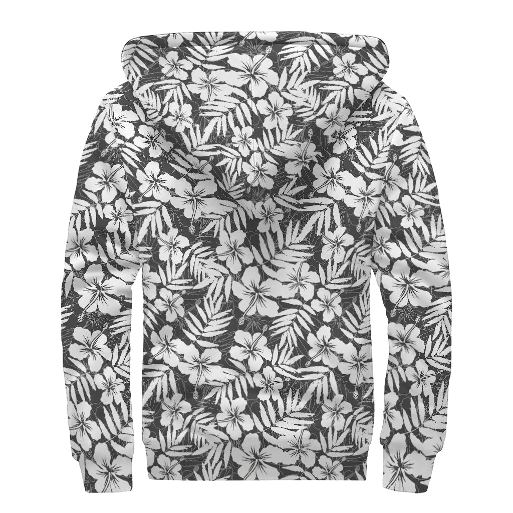 White And Grey Hawaiian Pattern Print Sherpa Lined Zip Up Hoodie