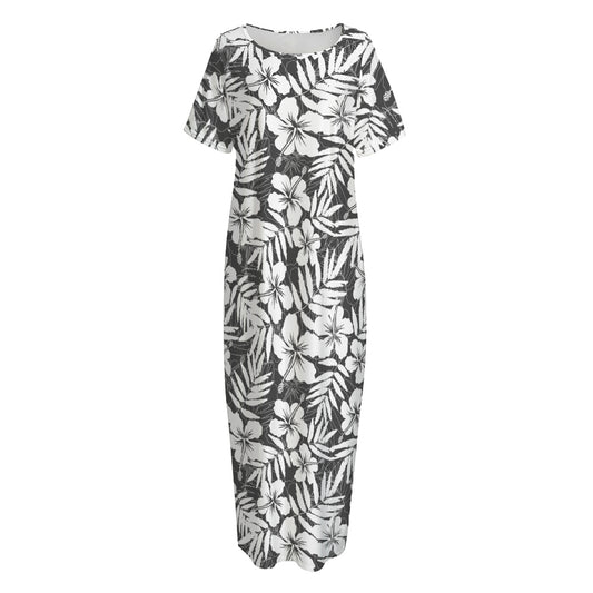 White And Grey Hawaiian Pattern Print Short Sleeve Long Nightdress