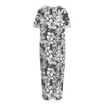 White And Grey Hawaiian Pattern Print Short Sleeve Long Nightdress