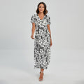 White And Grey Hawaiian Pattern Print Short Sleeve Maxi Dress