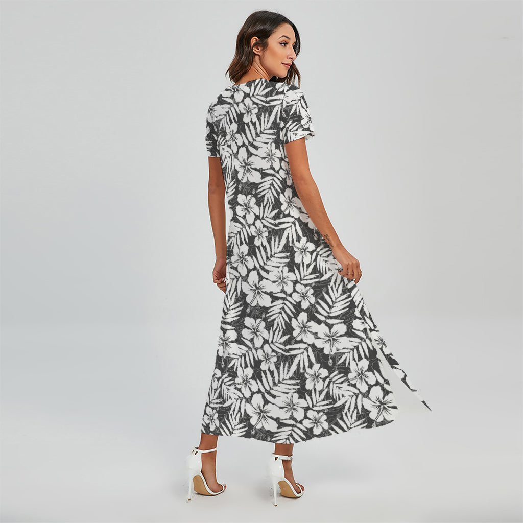 White And Grey Hawaiian Pattern Print Short Sleeve Maxi Dress