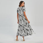 White And Grey Hawaiian Pattern Print Short Sleeve Maxi Dress
