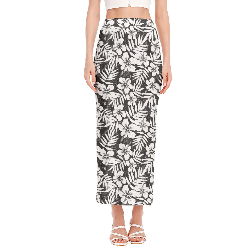 White And Grey Hawaiian Pattern Print Side Slit Maxi Skirt