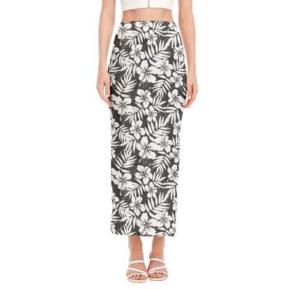 White And Grey Hawaiian Pattern Print Side Slit Maxi Skirt