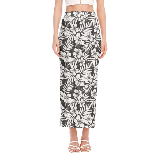 White And Grey Hawaiian Pattern Print Side Slit Maxi Skirt