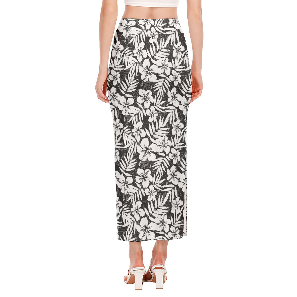 White And Grey Hawaiian Pattern Print Side Slit Maxi Skirt