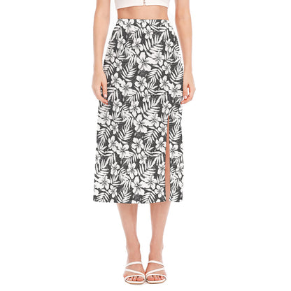 White And Grey Hawaiian Pattern Print Side Slit Midi Skirt