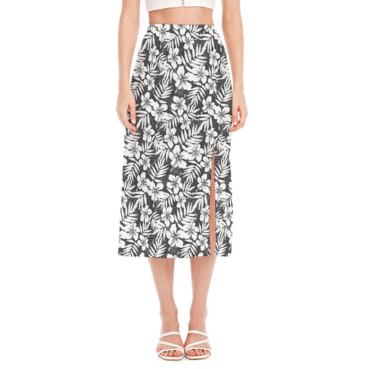 White And Grey Hawaiian Pattern Print Side Slit Midi Skirt