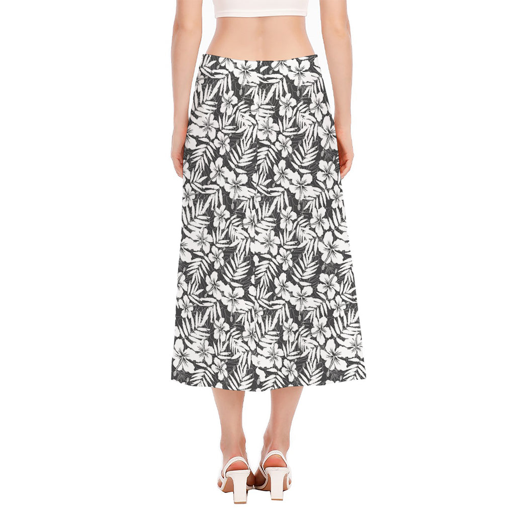 White And Grey Hawaiian Pattern Print Side Slit Midi Skirt