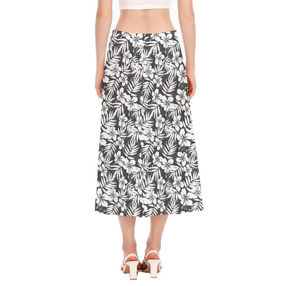 White And Grey Hawaiian Pattern Print Side Slit Midi Skirt