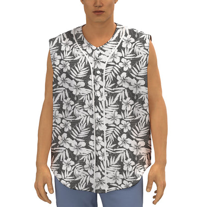 White And Grey Hawaiian Pattern Print Sleeveless Baseball Jersey