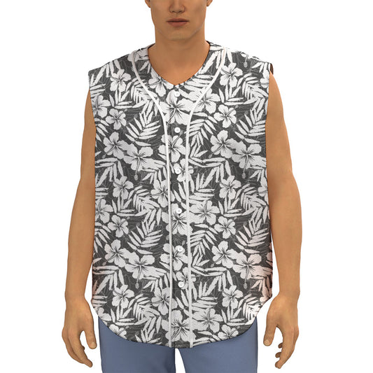 White And Grey Hawaiian Pattern Print Sleeveless Baseball Jersey