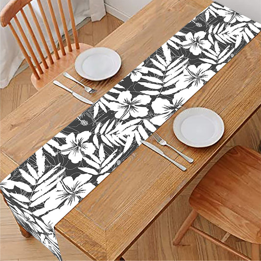White And Grey Hawaiian Pattern Print Table Runner