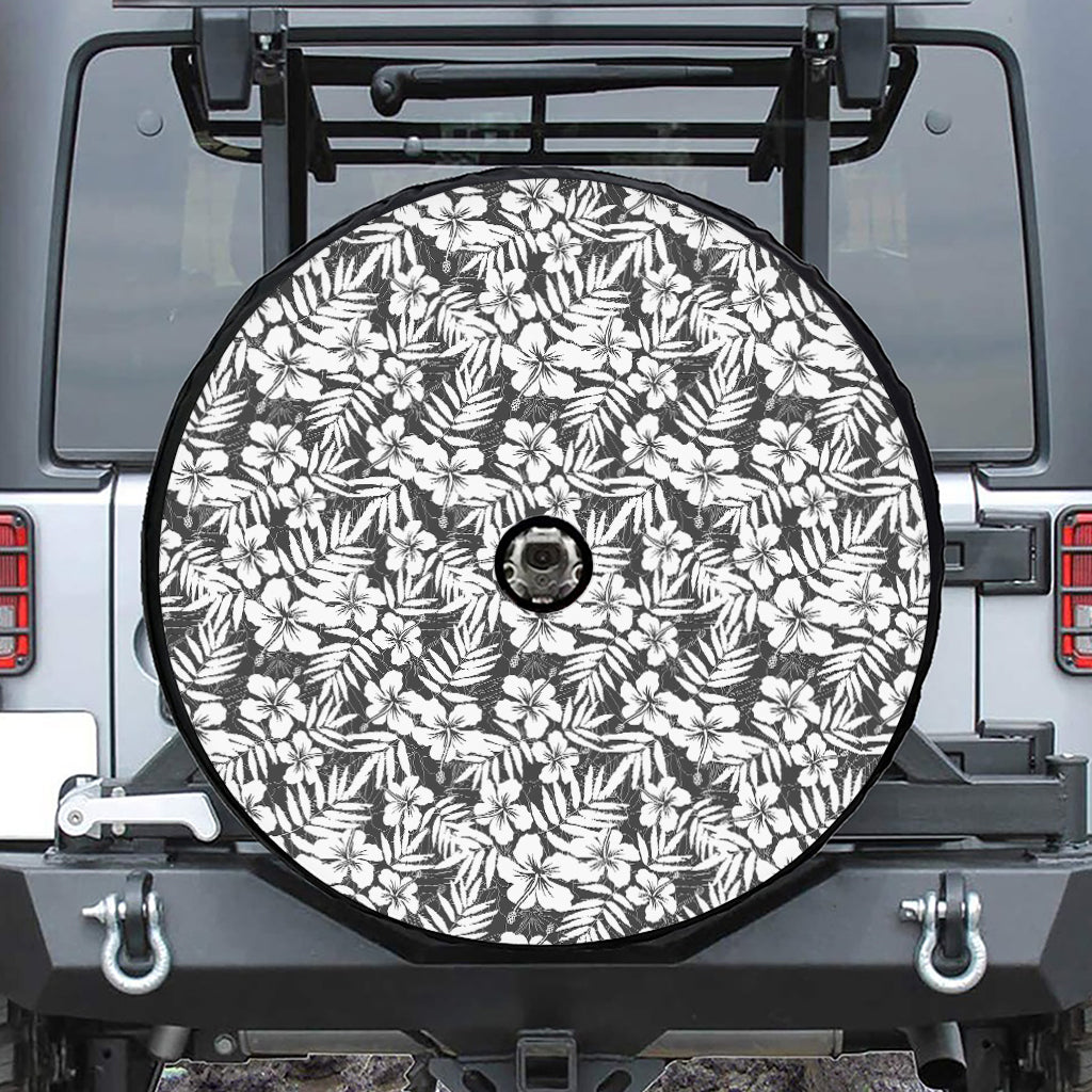 White And Grey Hawaiian Pattern Print Tire Cover With Camera Hole