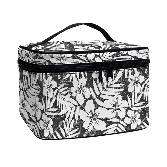 White And Grey Hawaiian Pattern Print Travel Makeup Bag