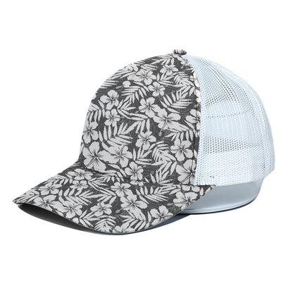 White And Grey Hawaiian Pattern Print White Mesh Trucker Cap