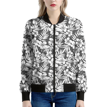 White And Grey Hawaiian Pattern Print Women's Bomber Jacket
