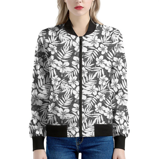 White And Grey Hawaiian Pattern Print Women's Bomber Jacket