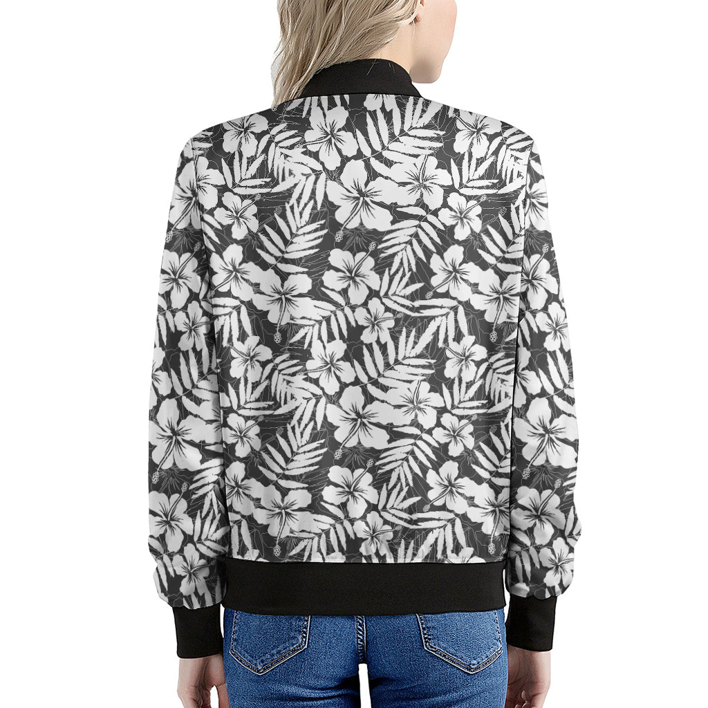White And Grey Hawaiian Pattern Print Women's Bomber Jacket