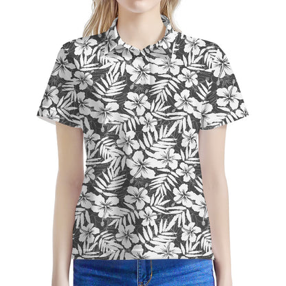 White And Grey Hawaiian Pattern Print Women's Polo Shirt