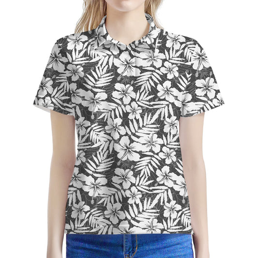 White And Grey Hawaiian Pattern Print Women's Polo Shirt