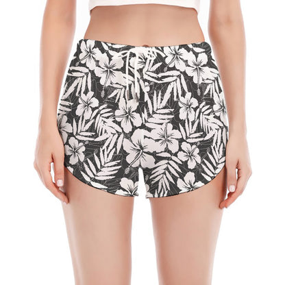 White And Grey Hawaiian Pattern Print Women's Split Running Shorts