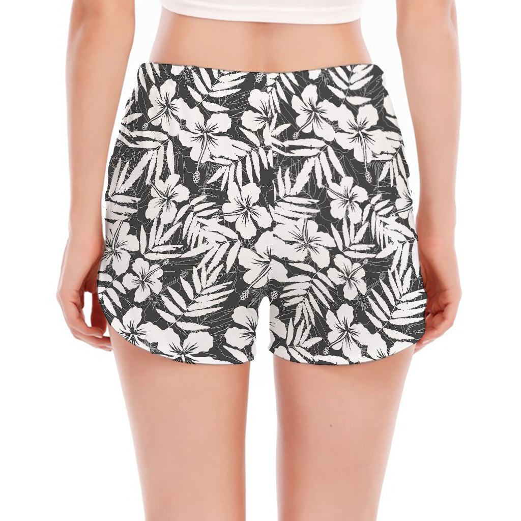 White And Grey Hawaiian Pattern Print Women's Split Running Shorts