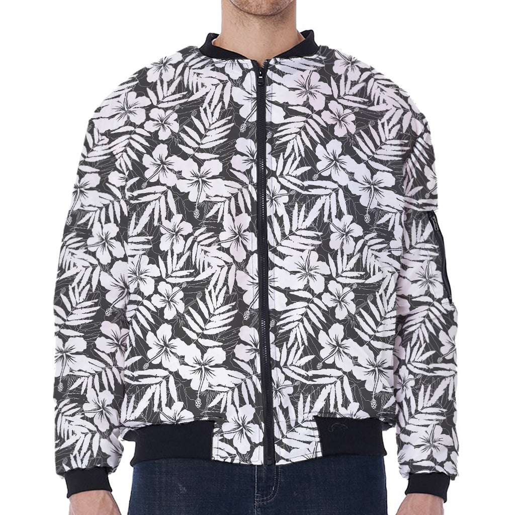 White And Grey Hawaiian Pattern Print Zip Sleeve Bomber Jacket