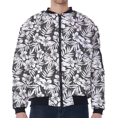 White And Grey Hawaiian Pattern Print Zip Sleeve Bomber Jacket
