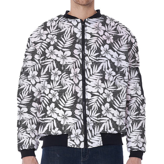 White And Grey Hawaiian Pattern Print Zip Sleeve Bomber Jacket