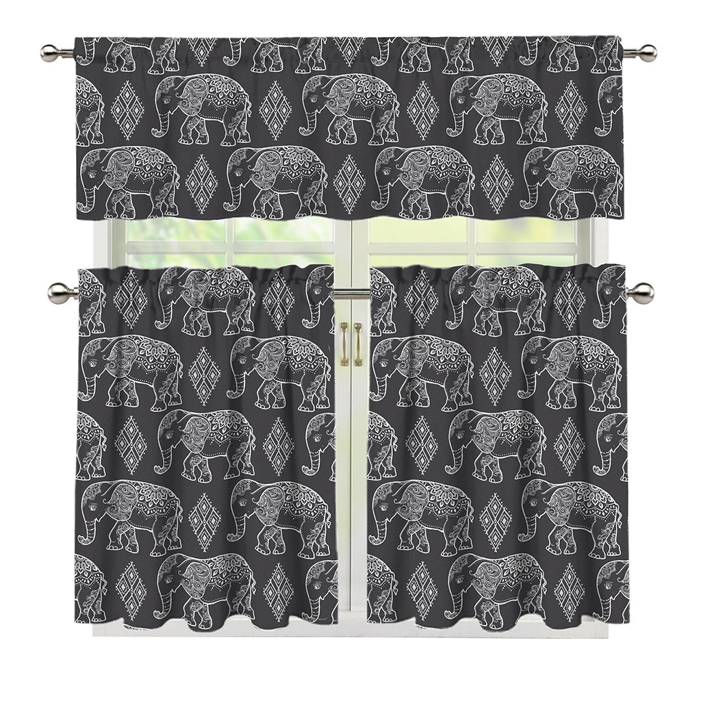 White And Grey Indian Elephant Print 3 Piece Kitchen Curtains
