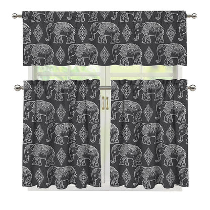 White And Grey Indian Elephant Print 3 Piece Kitchen Curtains