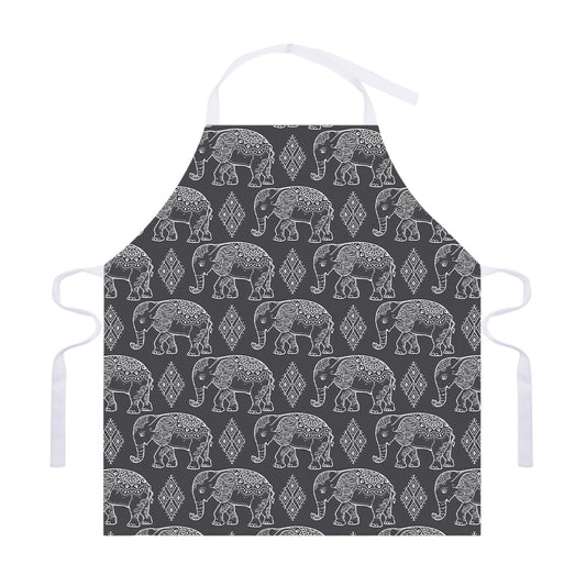 White And Grey Indian Elephant Print Adjustable Apron