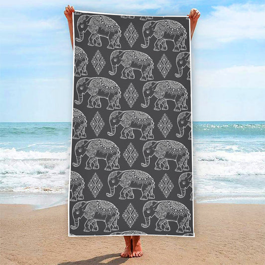 White And Grey Indian Elephant Print Beach Towel