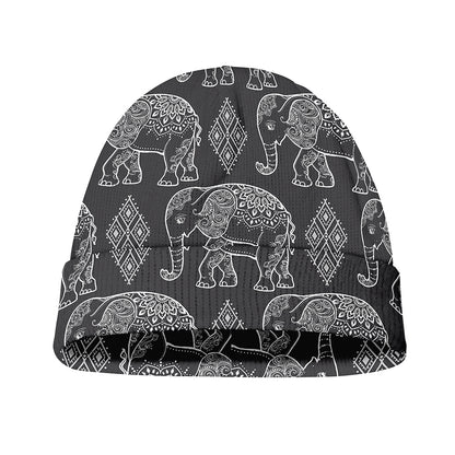 White And Grey Indian Elephant Print Beanie