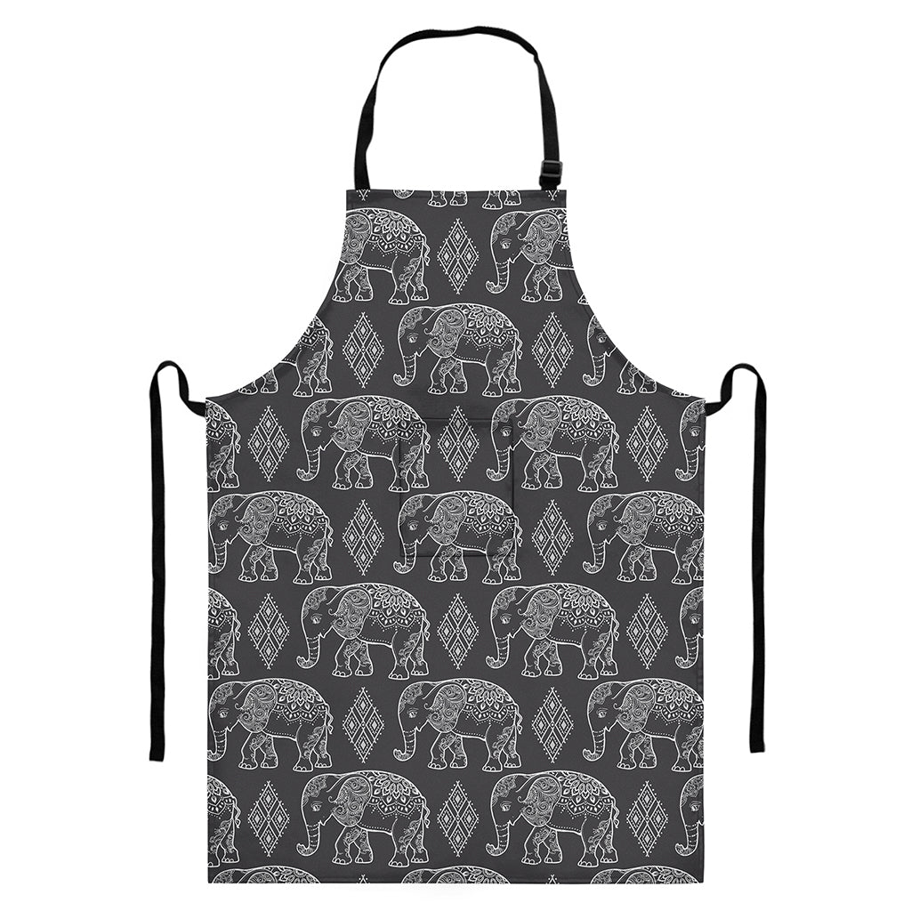 White And Grey Indian Elephant Print Bib Apron With Pocket