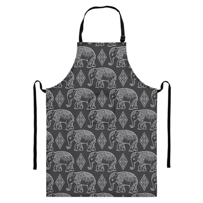 White And Grey Indian Elephant Print Bib Apron With Pocket