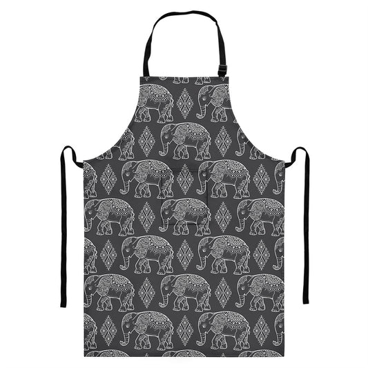 White And Grey Indian Elephant Print Bib Apron With Pocket