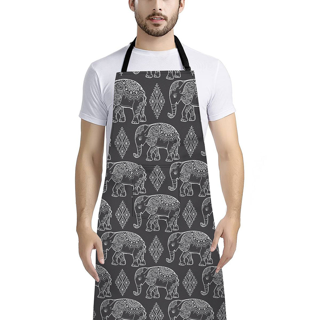 White And Grey Indian Elephant Print Bib Apron With Pocket