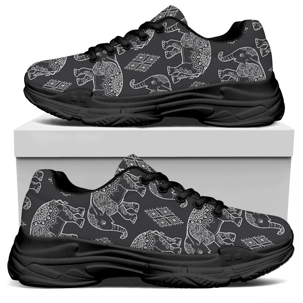 White And Grey Indian Elephant Print Black Chunky Shoes