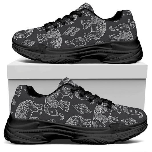 White And Grey Indian Elephant Print Black Chunky Shoes