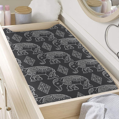 White And Grey Indian Elephant Print Changing Pad Cover