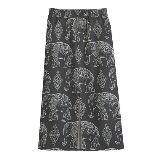 White And Grey Indian Elephant Print Cotton Front Slit Maxi Skirt