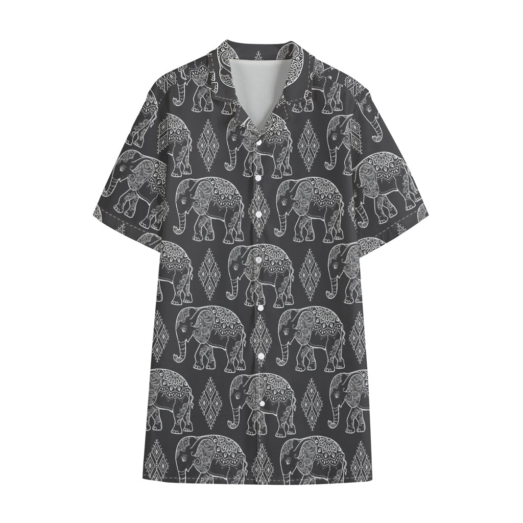 White And Grey Indian Elephant Print Cotton Hawaiian Shirt