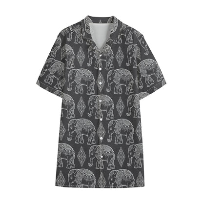 White And Grey Indian Elephant Print Cotton Hawaiian Shirt