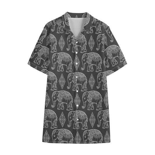 White And Grey Indian Elephant Print Cotton Hawaiian Shirt