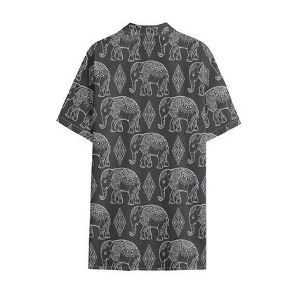 White And Grey Indian Elephant Print Cotton Hawaiian Shirt
