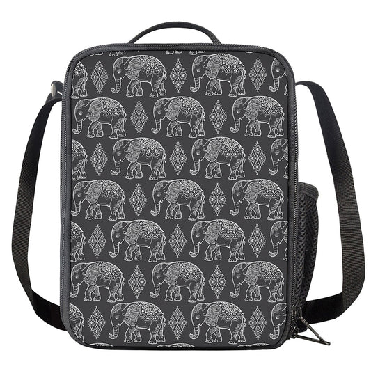 White And Grey Indian Elephant Print Crossbody Lunch Bag